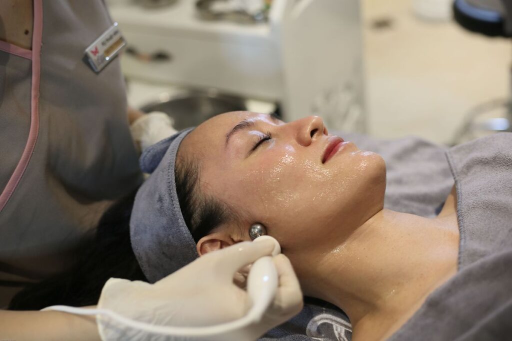 Close-up of firm, lifted facial skin