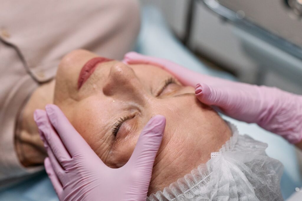 Close-up of firm, lifted facial skin during treatment