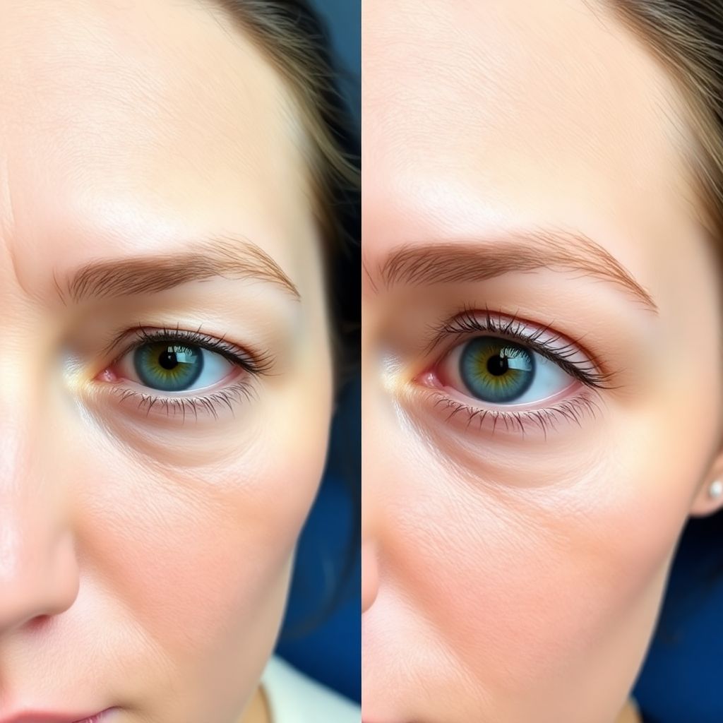 Eye area before and after a plasma fibroblast eye lift