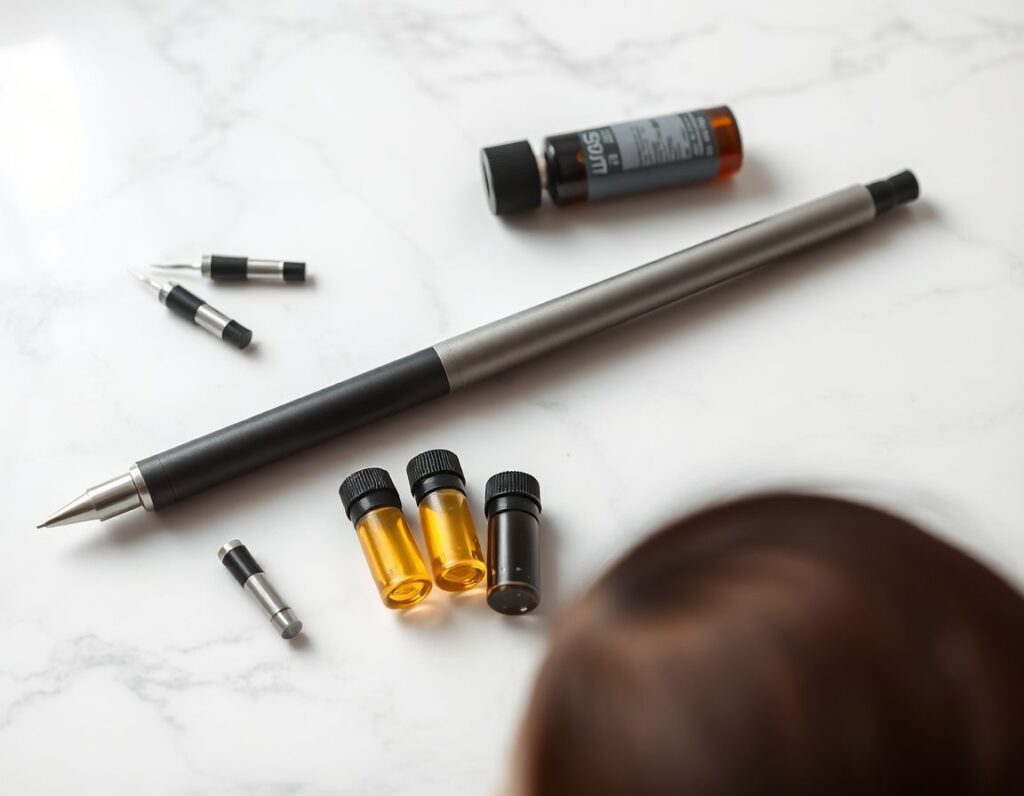 Scalp micropigmentation tools laid out in the studio